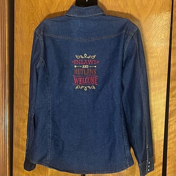 Levi’s Strauss Western Dark Denim Snap Button Down Embroidered Back Collared Shi - Picture 5 of 7